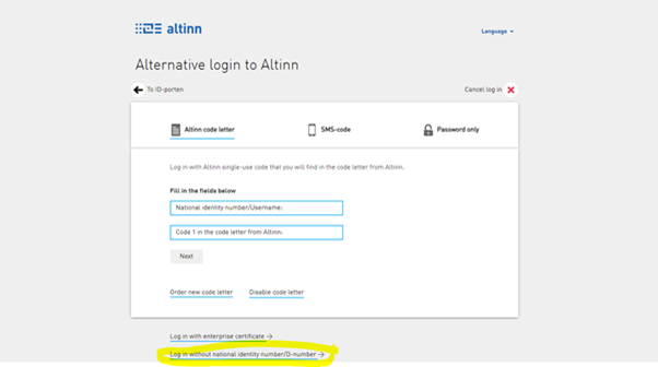 Select "Log in without national identity number/D-number" Photo: Select "Log in without national identity number/D-number"